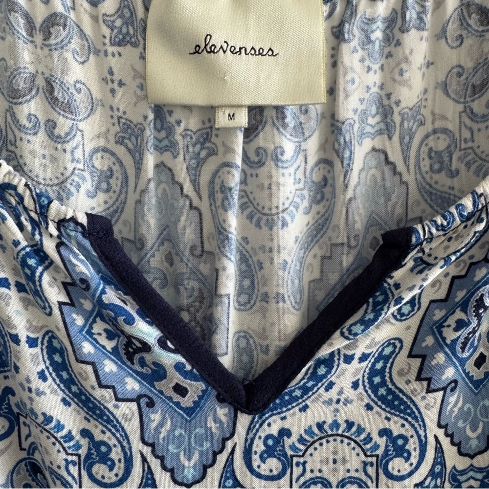 Athropologie Elevenses Basia Romper Long Sleeve V Neck Boho Blue Coastal Resort - Picture 11 of 13